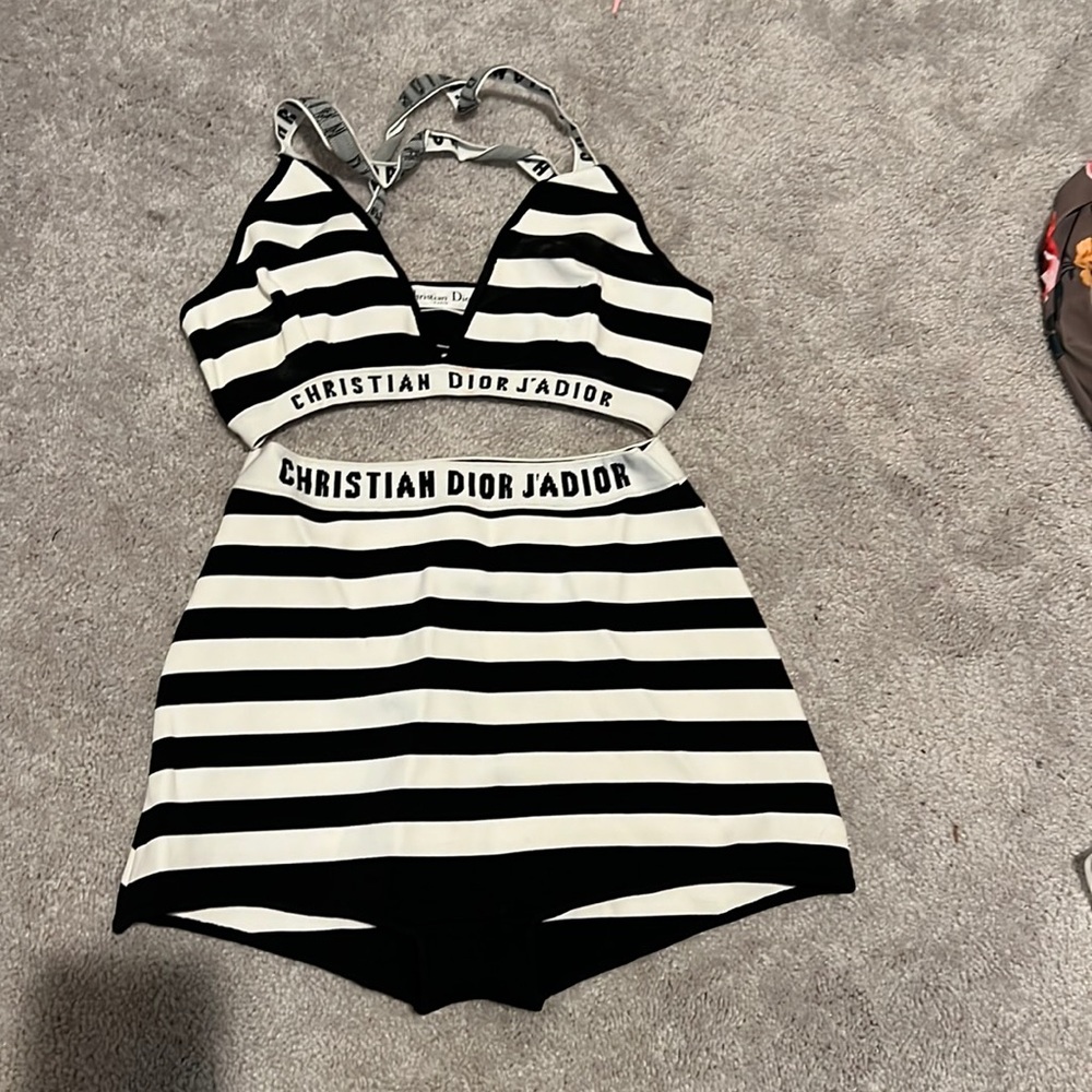 Christian Dior 2 piece small black and white stripe swim wear